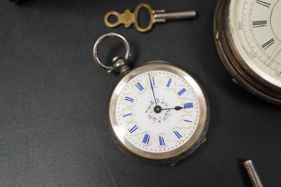 A late 19th century inlaid box containing a gentleman’s silver chronograph pocket watch, the dial numbered 41716, hallmarked for Chester 1878, a ladies Continental 935 grade silver pocket watch with enamel dial and a sil
